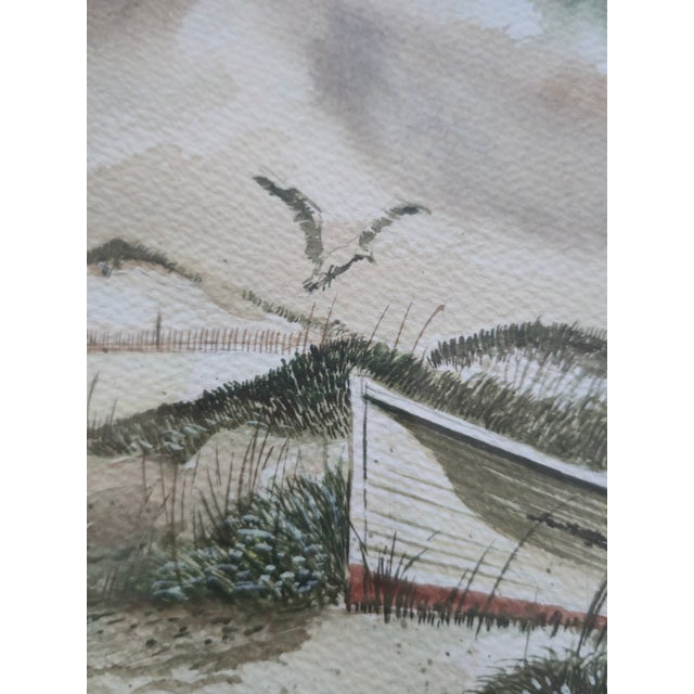 Traditional Mid 20th Century Signed Vintage Coastal Landscape Seascape Watercolor Painting With Beached Rowboat For Sale - Image 3 of 14