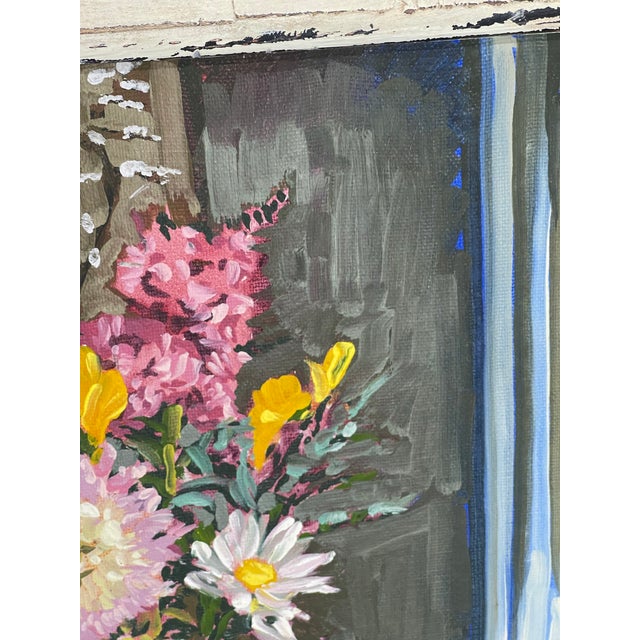 Wood 1984 Vintage Expressionist Floral Still Life Oil Painting in Distressed White Frame For Sale - Image 7 of 10