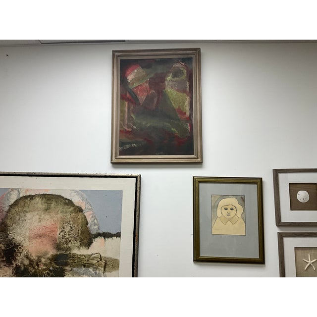 Mid-Century Modern Vintage Abstract Painting With Craquelure in Original Wood Frame For Sale - Image 3 of 14