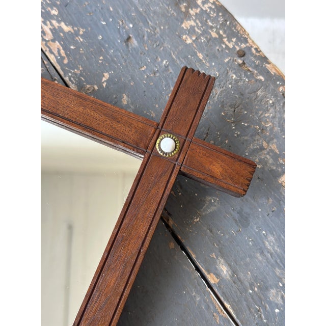 Wood Antique Walnut Cross-Hatch Framed Mirror With Porcelain + Brass Cabochon Details, Circa Early 20th Century For Sale - Image 7 of 13