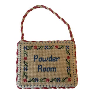 Handmade Needlepoint Powder Room Hanging Sign For Sale
