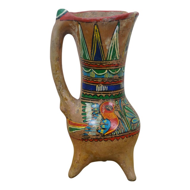 Mid 20th Century Mexican Polychrome Folk Art Terracotta Pottery Pulque Agave Pitcher Vase Jug 10" For Sale
