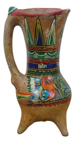 Mid 20th Century Mexican Polychrome Folk Art Terracotta Pottery Pulque Agave Pitcher Vase Jug 10"
