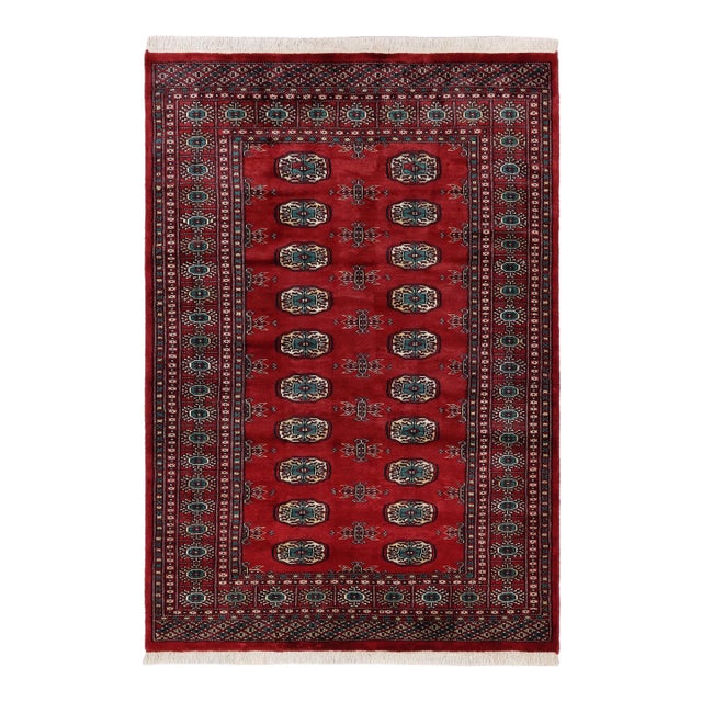 Rustic Bokhara Red Green Hand Knotted Rug For Sale