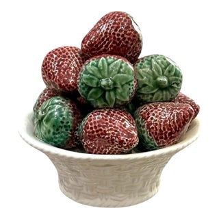 Vintage Full Size Strawberry / Strawberries Topiary Majolica / Ceramic / Trompe l'Oeil Centerpiece in Lattice / Basket-Woven Pedestal Pot For Sale