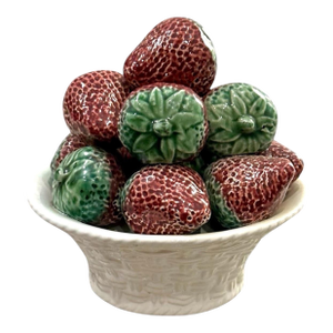 Vintage Full Size Strawberry / Strawberries Topiary Majolica / Ceramic / Trompe l'Oeil Centerpiece in Lattice / Basket-Woven Pedestal Pot