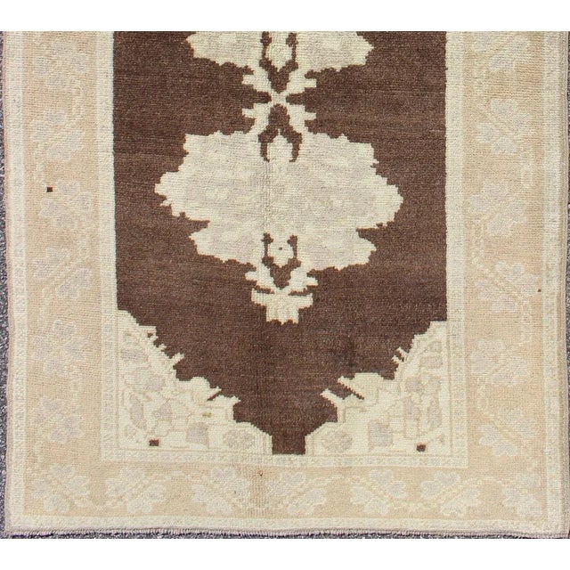 Brown Background Vintage Turkish Oushak Runner With Medallions in Cream & Ivory For Sale - Image 4 of 7