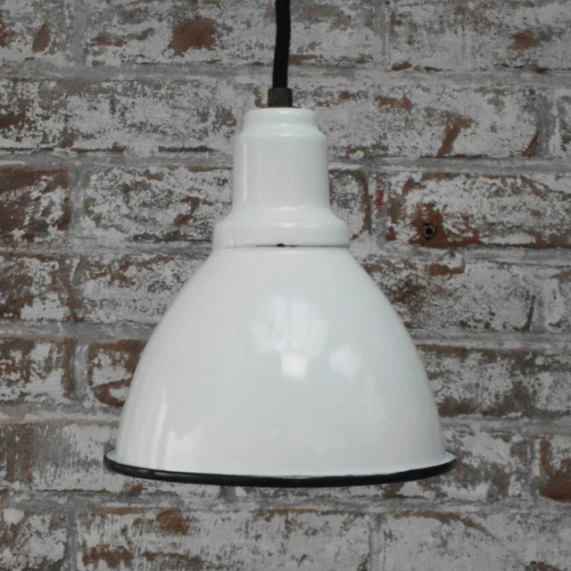 Vintage Industrial White Enamel Factory Pendant Lights For Sale - Image 4 of 5