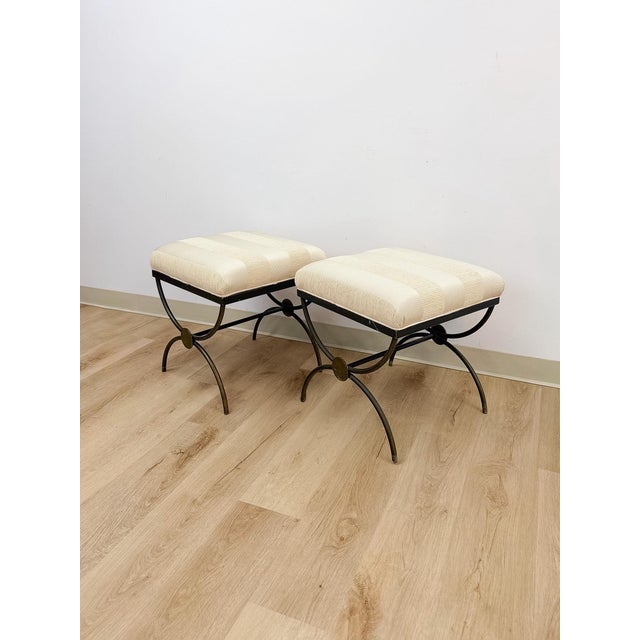 Early 21st Century Pair of Swain Style Designer Metal and Beige Upholstered Footstools, High Point For Sale - Image 5 of 10