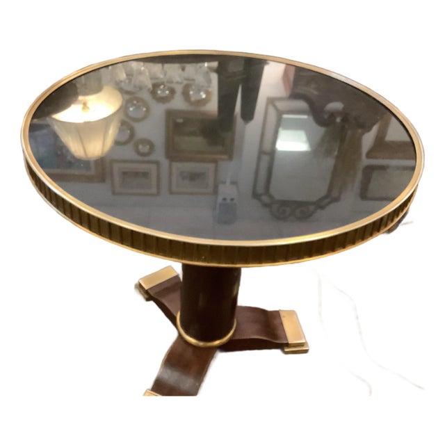 Round Single Pedestal Marble Top Table With Brass Accents For Sale