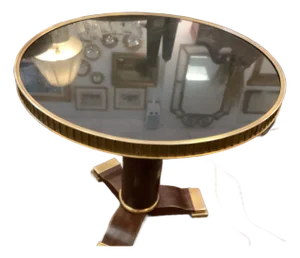Round Single Pedestal Marble Top Table With Brass Accents