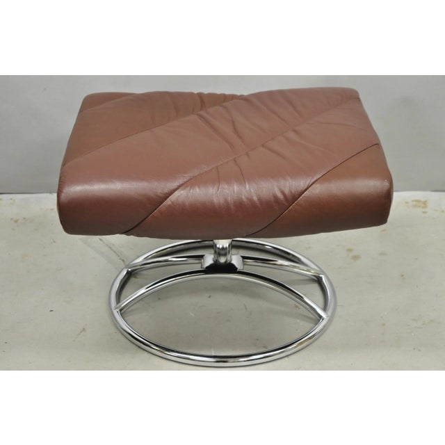 Vintage Ekornes Stressless Brown Leather Reclining Swivel Lounge Chair & Ottoman For Sale - Image 15 of 18