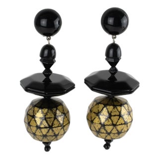 Angela Caputi Black and Gold Resin Dangle Clip-on Earrings For Sale