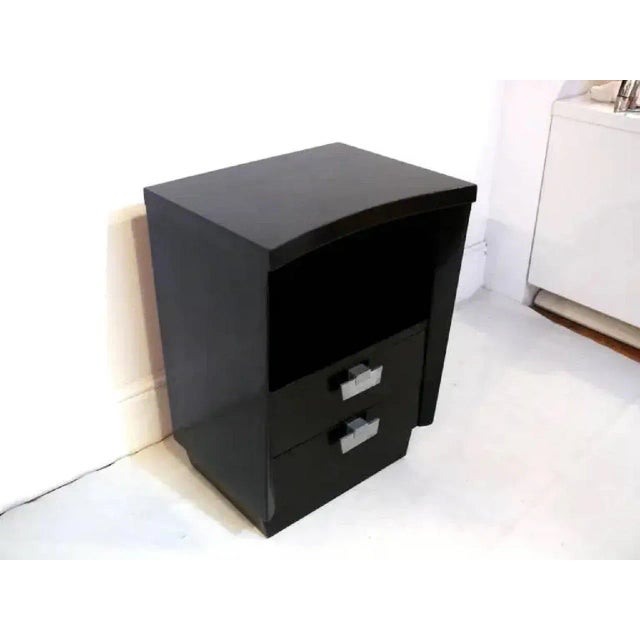 American of Martinsville midcentury ebonized curved front nightstand, side or end table with two drawers and open cubby...