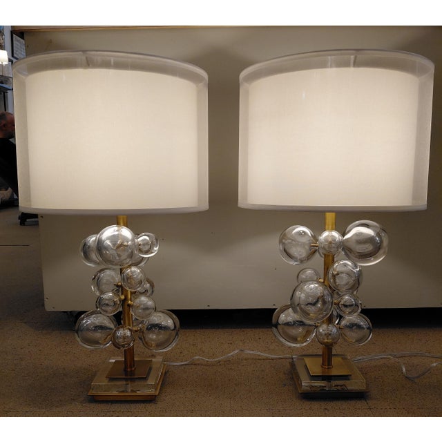 Metal Mid Century Modern Glass and Brass Bubble Lamps With Double Drum Shades For Sale - Image 7 of 8