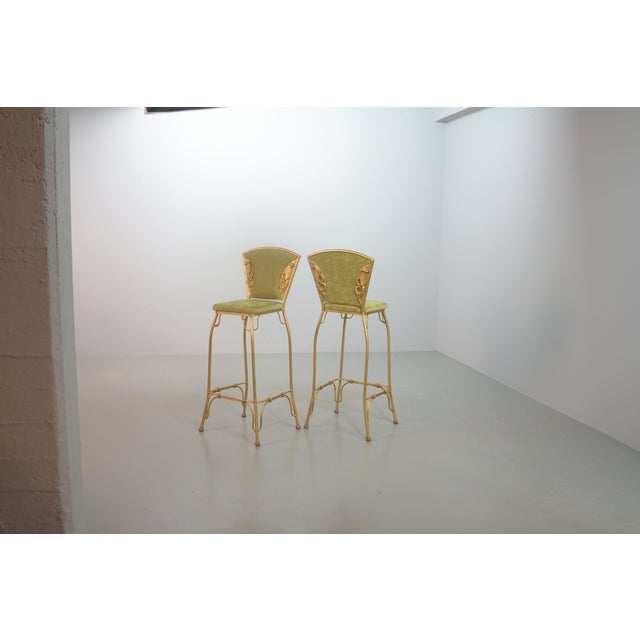 Gilded Cobra Bar Stools with Lime Green Velvet Upholstery, 1970s, Set of 2 For Sale - Image 4 of 6