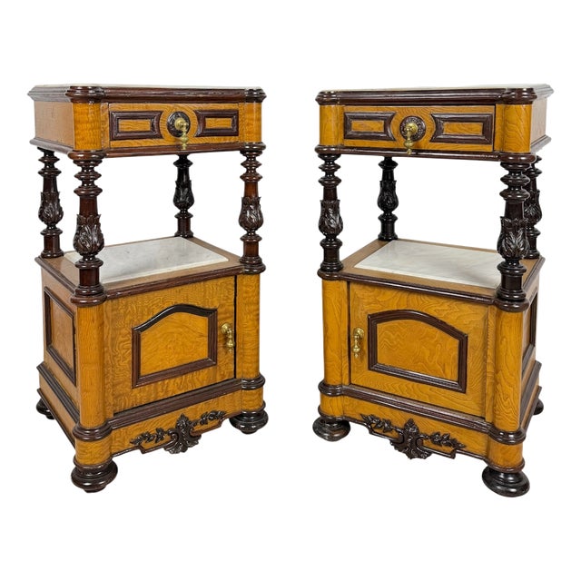 French Empire Style Marble-Top Nightstands with Cabinet Doors, 1940, Set of 2 For Sale