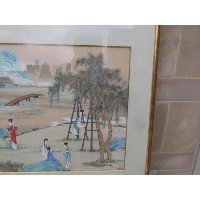 Gold Chinese Maidens in a Landscape Watercolor For Sale - Image 8 of 10