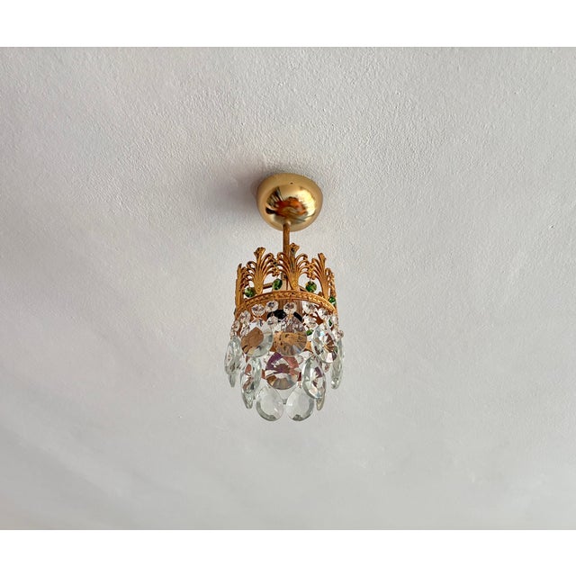 Vintage Small Brass & Emerald Green Crystal Crown Flush Mount – 1 Light For Sale - Image 14 of 18