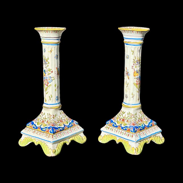 French Antique French Faience Fourmaintraux Frères Candlestick Holders - Pair For Sale - Image 3 of 8