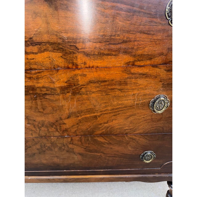 1920s Rare 1925-Dated John Widdicomb French Provincial Tall Dresser Commode Burl Walnut Veneer, Floral Accents, Ornate Brass Ring Pulls, Cabriole Legs For Sale - Image 5 of 12