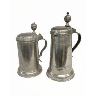 Set of Antique Circa 1800 German Inscribed Pewter Tankards Steins With Illustration and Inscriptions For Sale