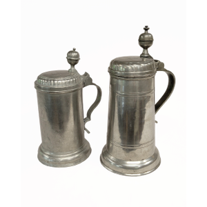 Set of Antique Circa 1800 German Inscribed Pewter Tankards Steins With Illustration and Inscriptions
