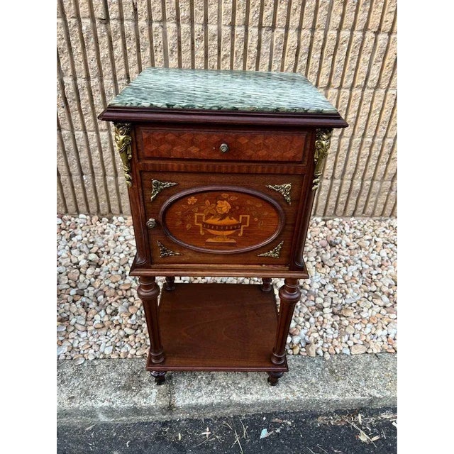 Pair Louis XVI Style Ormolu Mounted Marquetry Mahogany Marble Top Bedside Tables, 19th Century For Sale - Image 10 of 12