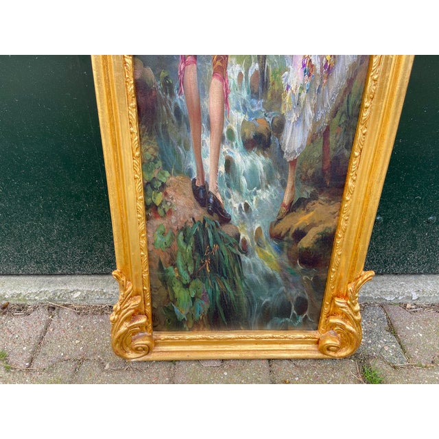 Vintage French Louis XVI Gilded Frame With Romantic Fabric Scenery Artwork For Sale - Image 12 of 16