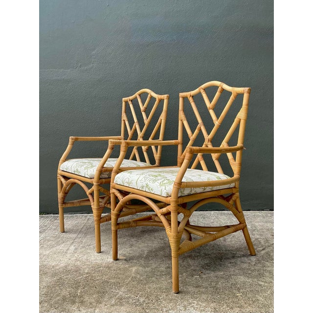 Vintage Coastal Chinese Chippendale Rattan Armchairs – A Pair For Sale - Image 12 of 12