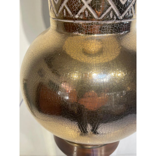 Textile Gilded Hollywood Regency Table Lamp With Egyptian Revival Ceramic Heirogylph Motifs For Sale - Image 7 of 10