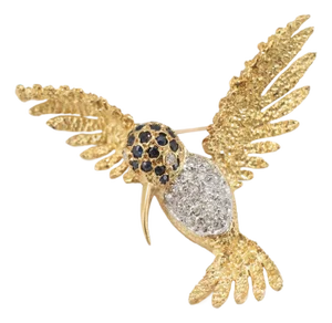 Vintage 18k Yellow Gold Sapphire Diamond Textured Wings Hummingbird Pin Brooch