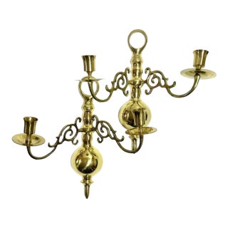 Vintage Hollywood Regency Brass Double-Arm Candelabra Wall Sconces – Ornate Brass Candle Holders (Pair) For Sale