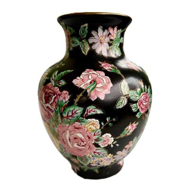 1960s Chinese Export Famille Noire Hand-Painted Floral Vase For Sale - Image 5 of 11