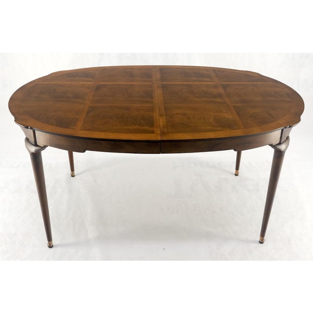 Banded Burl Flame Walnut Oval Three Leaves Dining Conference Table For Sale - Image 6 of 12
