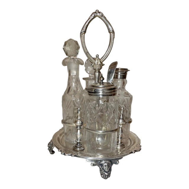 Antique 1800's Ornate Cut Crystal Silver Plate Figural Cruet Condiment Set Caddy For Sale