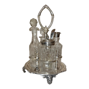 Antique 1800's Ornate Cut Crystal Silver Plate Figural Cruet Condiment Set Caddy