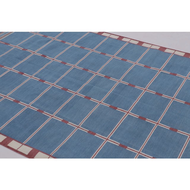 Rug & Kilim’s Indian Dhurrie Rug in Blue, Red and Ivory Geometric Stripes For Sale - Image 4 of 9