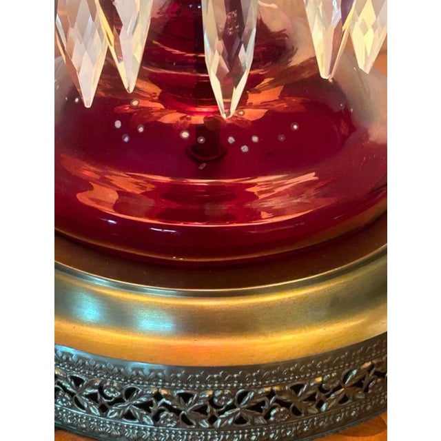 Late 19th Century Victorian Bohemian Cranberry Glass Lustre Table Lamp With Enameled Flowers & Crystal Prisms For Sale - Image 4 of 6