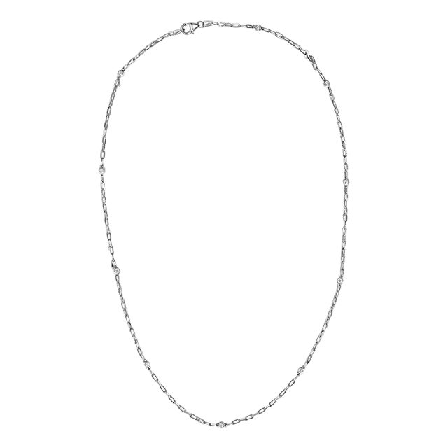 14K White Gold Bezel Set 1.00 Cttw Diamond 11 Station Necklace For Sale
