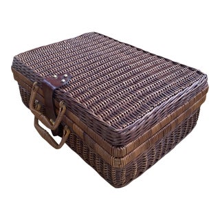 Midcentury Wicker Rattan Suitcase Picnic Basket For Sale