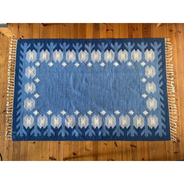 Blue Scandinavian Modern Blue Rölakan Flatweave Rug by Berit Koenig Woelfer, Sweden, 1960s For Sale - Image 8 of 16
