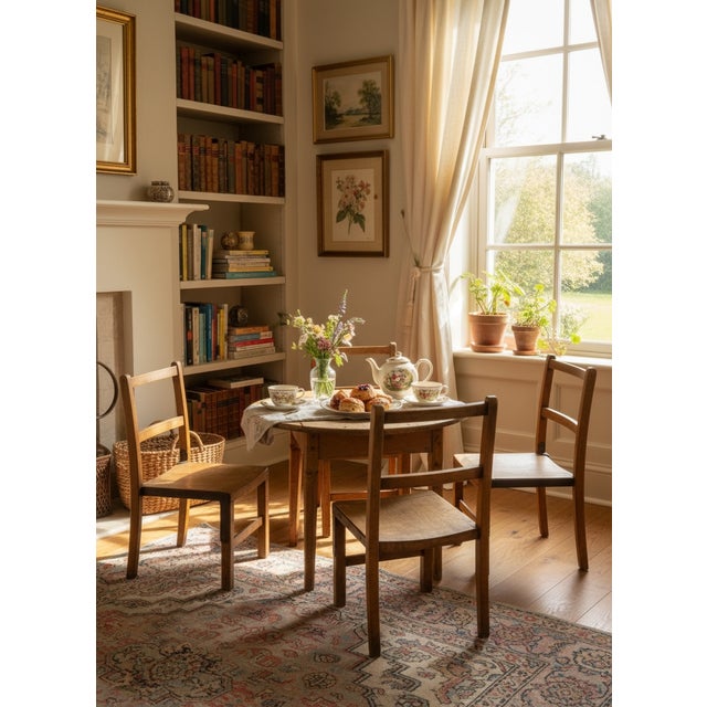 A charming set of four antique English pine children's chairs, hand-sourced in the United Kingdom and brought to you...
