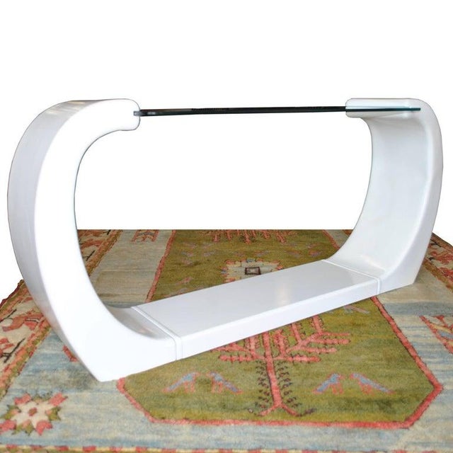 Mid-Century Modern White Lacquered Scroll Glass Top Console Table For Sale - Image 3 of 7