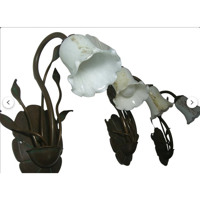 Art Nouveau Floral Brass Sconces with Opaline Glass Shades, 1970s, Set of 3 For Sale - Image 3 of 12