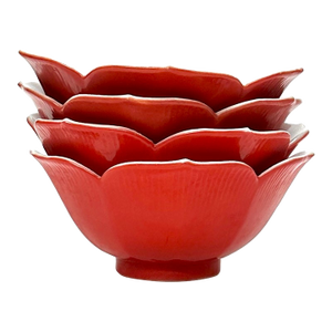 Matte Red Large Porcelain Lotus Serving Bowls Attributed to Lillian Venon Japan - Set of 4