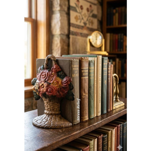 Charming antique Hubley cast-iron doorstop featuring a woven basket overflowing with colorful flowers and green foliage,...