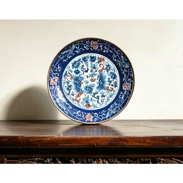 Art Deco Chinese Ceramic Plate,Blue and White Red Ground Porcelain Plate Hand Painted Butterfly and Flowers Pattern For Sale - Image 3 of 10