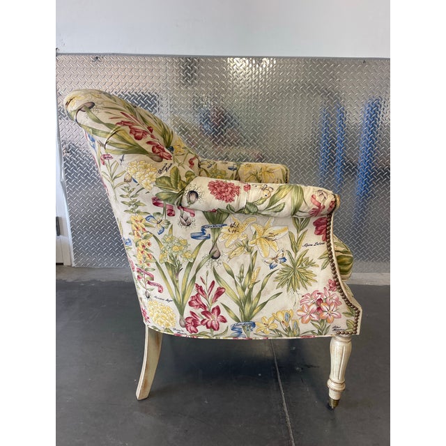 Ivory Traditional Botanical Floral Tufted Armchair With Nailhead Trim & Casters For Sale - Image 8 of 12
