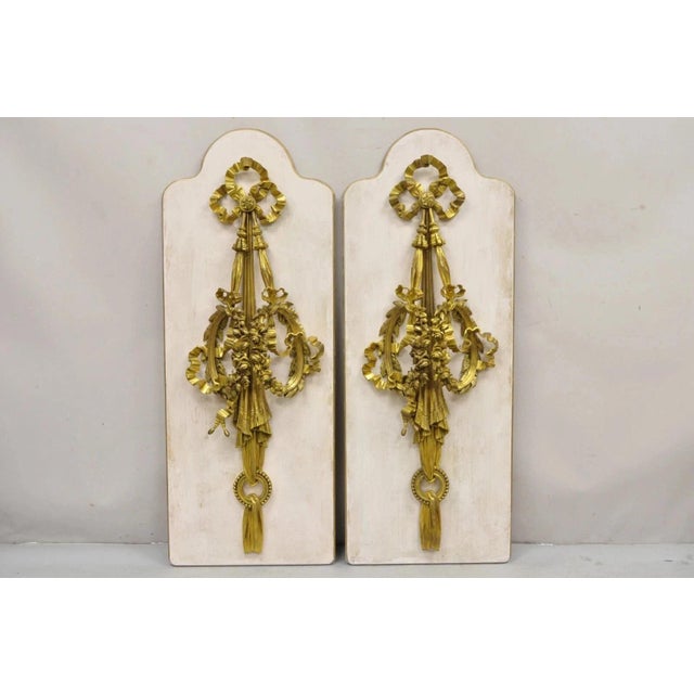 French Louis XV Gold Gilt Bronze Ribbon Drape Large Wall Plaque Sconces - A Pair For Sale - Image 16 of 16